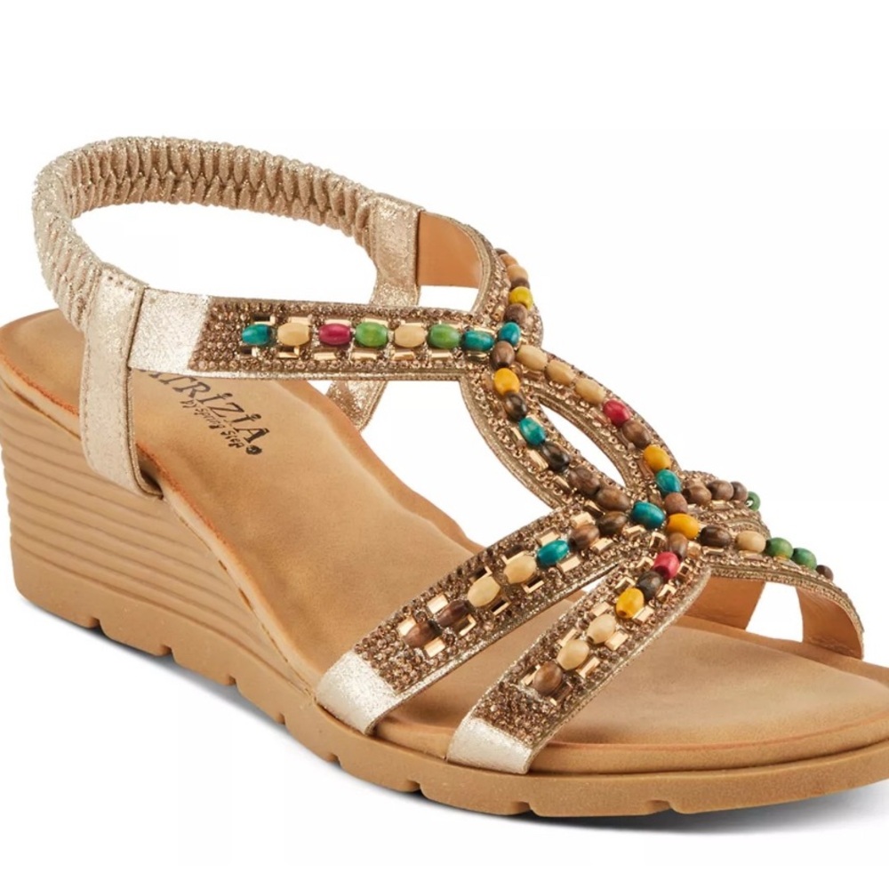 Patrizia Spring Step Wedge Sandal Gold-tone & Stone Bejeweled SZ 41